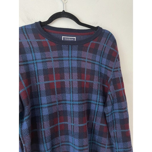 NWT Club Room Blue Plaid Merino Wool Blend Pullover Crewneck Mens Sweater Medium - Picture 5 of 7